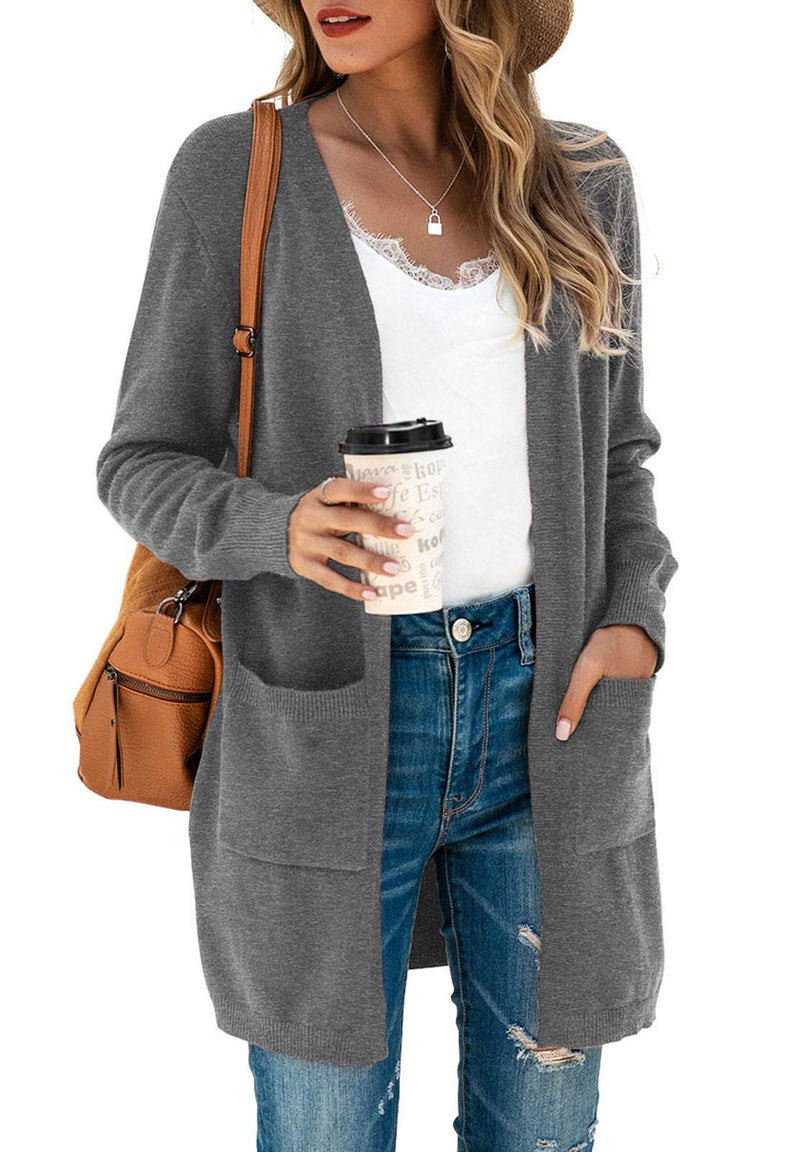 TASAMO Women's Loose Open Front Long Sleeve Solid Color Knit Cardigans Sweater Blouses with Packets (2X-Large,Gray) - Image 1